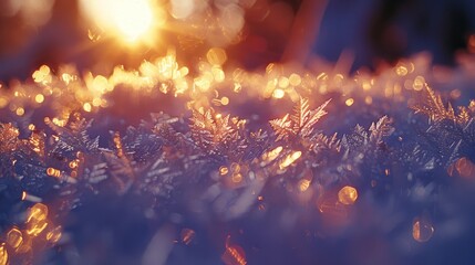 Obraz premium A close-up of snowflakes with the sun shining through the trees in the background of the photo
