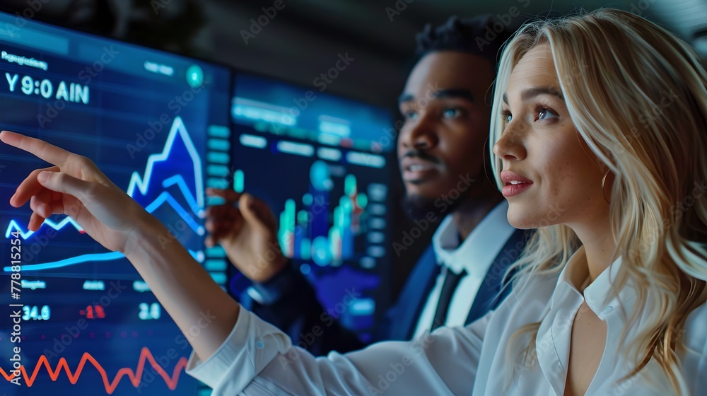Aufkleber confident business professionals analyze data on a high-tech digital display. modern financial analy