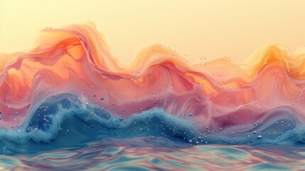  A vibrant depiction of a towering wave crashing against the shore, set against a backdrop of brilliant yellow skies and sparkling blue waters - obrazy, fototapety, plakaty