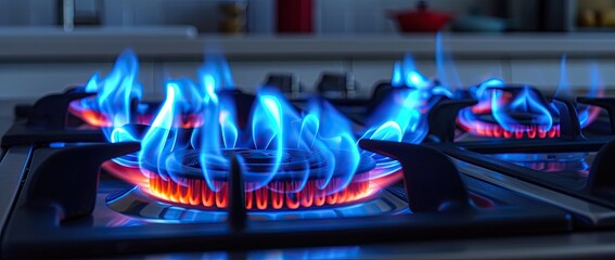 Zoom in for a detailed look at the gas cooker, its vibrant blue flame casting a warm glow in the kitchen as culinary magic unfolds. - obrazy, fototapety, plakaty