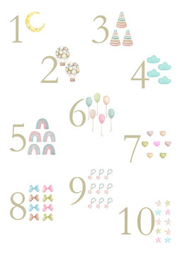 Set of numbers 1-10. Children's educational material. Teaching numbers to kids. Numbers Education School Poster for Teachers Classes, Preschoolers, Kindergarten. Learning arithmetic, counting.