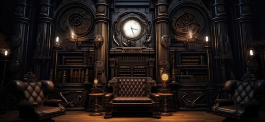 Obraz premium A dark room with a large table and a couch