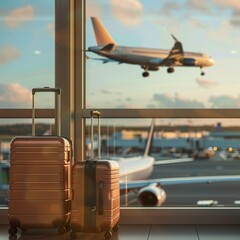 Travel suitcases poised against the airport window with a plane taking off in the background, capturing the excitement and anticipation of a new journey.