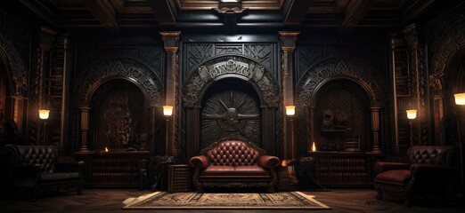 A dark room with a large table and a couch. The room is dimly lit and has a mysterious atmosphere