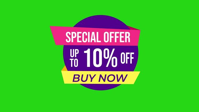 Sticker special offer sale tag promo banner with 10 percent off discount animation. Discount offer label, an advertising campaign in retail, sale promo marketing, 4K resolution. Green Background