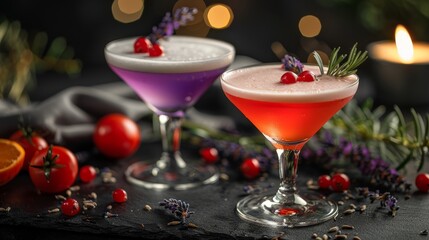   Close-up of two cocktails with garnishes on a table against candle background