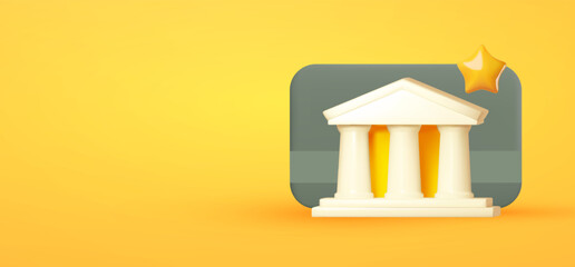 3D bank building icon with plastic card on color background. Online banking design.