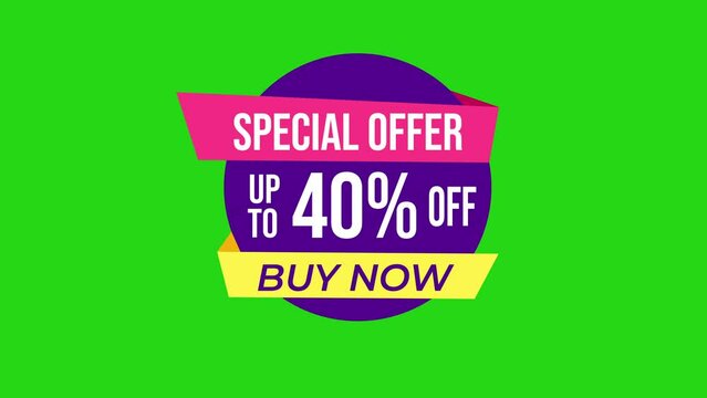 Sticker special offer sale tag promo banner with 40 percent off discount animation. Discount offer label, an advertising campaign in retail, sale promo marketing, 4K resolution. Green Background