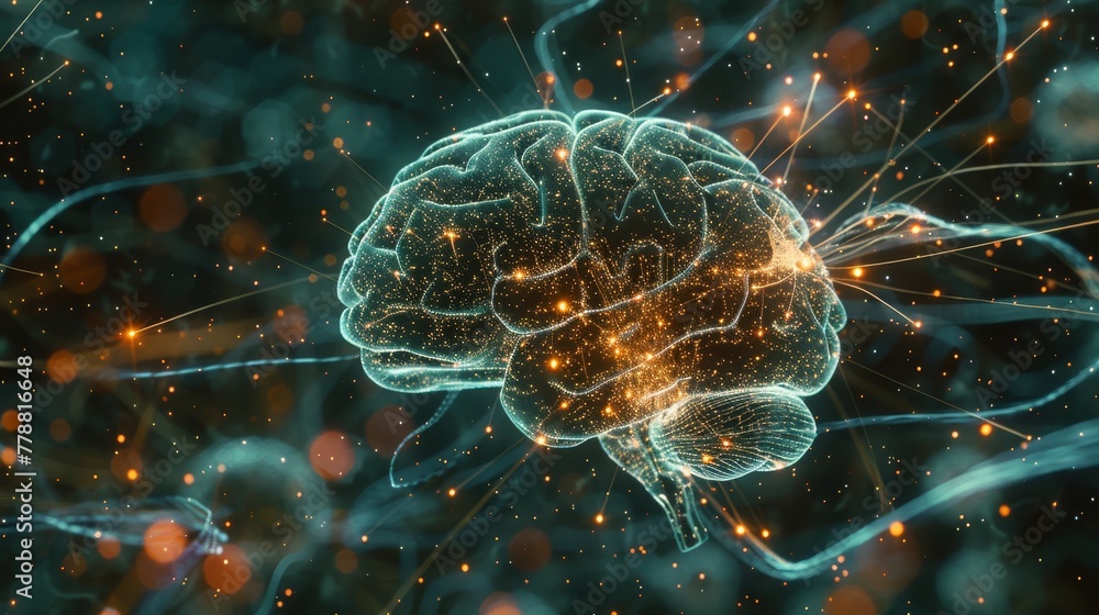 Poster a surrealistic brain, with neurons replaced by data nodes