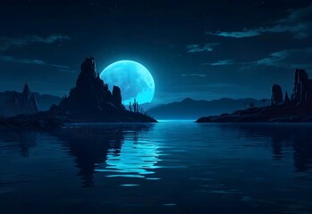 Futuristic night landscape with abstract landscape and island, moonlight, shine. Dark natural scene with reflection of light in the water, neon blue light. Dark neon background. 3D illustration