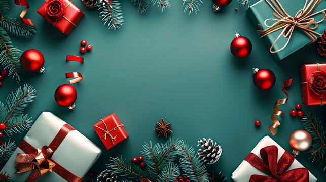 Christmas background with christmas decorations. Space for text. Christmas balls and gifts. 3D Rendering. Generative AI