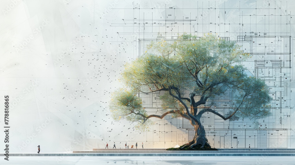 Poster a tree with branches that grow into architectural blueprints