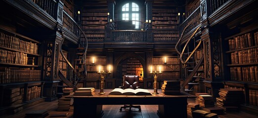 Immerse yourself in the cozy ambiance of a home library, where shelves filled with weathered books evoke a sense of timeless wisdom and adventure. - obrazy, fototapety, plakaty