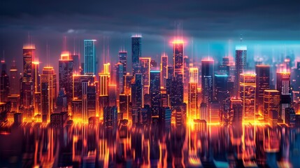 A neon-lit city skyline, each building representing a different aspect of a well-executed pla - obrazy, fototapety, plakaty