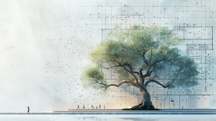 A tree with branches that grow into architectural blueprints
