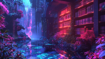 Celebrating World Book Day with a digital dot fantasy library, where books shine in neon colors, inviting surreal exploration - obrazy, fototapety, plakaty