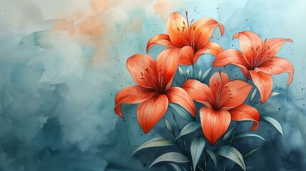 watercolor background with lily flowers and copy space, wall art home decor