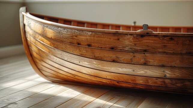   A close-up photo of a wooden boat resting on a hardwood floor beneath the sunlight's rays illuminating its underside