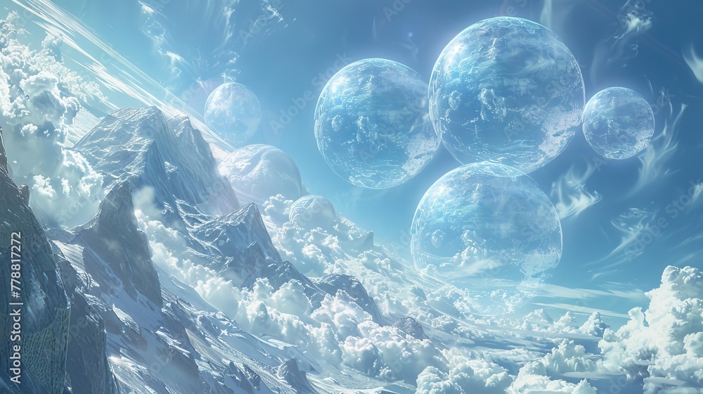 Poster a surreal landscape of floating orbs, each symbolizing a different team member