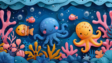 Fototapeta na wymiar Funny illustration of underwater mr in the style of children's illustration.