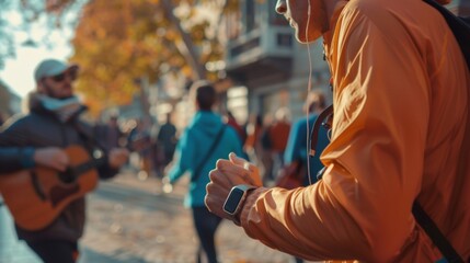 Close-up of a runner adjusting their earbuds as they run past a street musician - Powered by Adobe