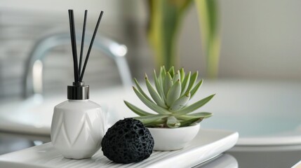 Close-up of a sleek porcelain bath caddy holding a single succulent, a geometric aromatherapy diffuser, and a black lava rock