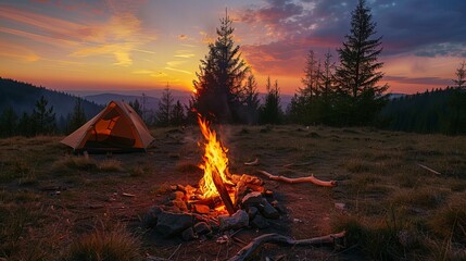 blazing campfire in the forest in the evening with tent in background - obrazy, fototapety, plakaty