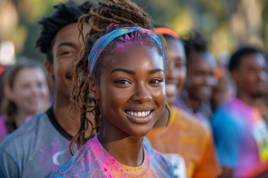 Close-up: A diverse group of runners wearing colorful charity shirts