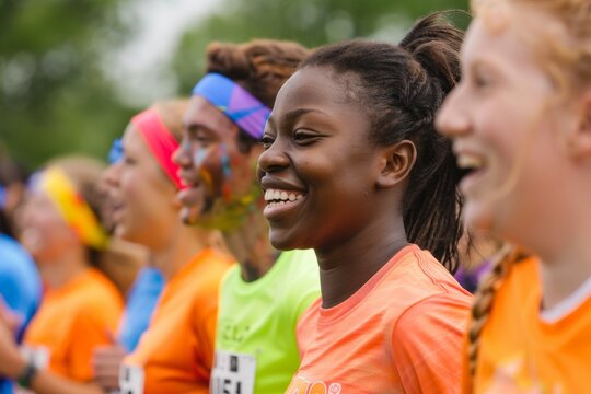 Close-up: A diverse group of runners wearing colorful charity shirts