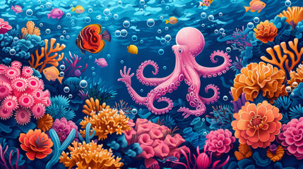 Funny illustration of underwater mr in the style of children's illustration.