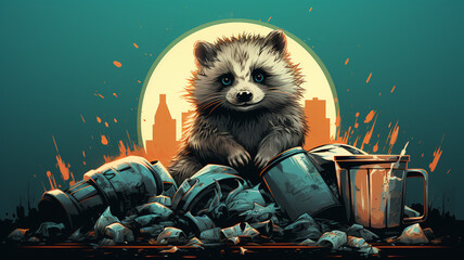 A playful logo icon of a mischievous raccoon on a trash can with scattered garbage background.