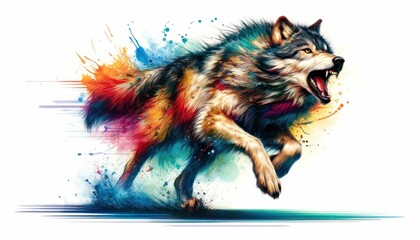 A dynamic artwork captures the essence of a wild wolf in mid-howl, surrounded by an explosion of vivid, colorful splashes, illustrating movement and raw energy.