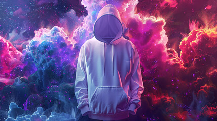 A mockup of a white hoodie surrounded by smoke and fire, creating a fantasy party atmosphere with abstract art