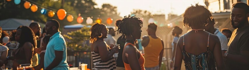 Party scene with people barbecuing, dancing, and celebrating Juneteenth together. ,blurry background - obrazy, fototapety, plakaty
