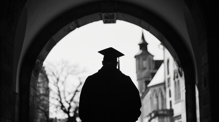 A dramatic black and white photo of the graduate's silhouette against the backdrop of the university campus.