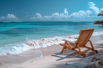 An inviting single wooden beach chair overlooking serene ocean waves and white sands