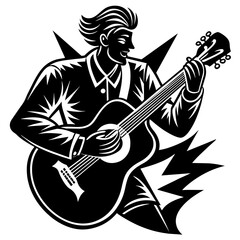 musician with guitar, black guitar silhouette vector illustration,icon,svg,acoustic guitar characters,Holiday t shirt,Hand drawn trendy Vector illustration,music instrument on black background