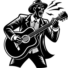 musician with guitar, black guitar silhouette vector illustration,icon,svg,acoustic guitar characters,Holiday t shirt,Hand drawn trendy Vector illustration,music instrument on black background