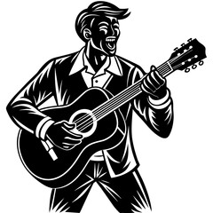 musician with guitar, black guitar silhouette vector illustration,icon,svg,acoustic guitar characters,Holiday t shirt,Hand drawn trendy Vector illustration,music instrument on black background