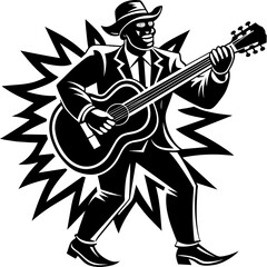 musician with guitar, black guitar silhouette vector illustration,icon,svg,acoustic guitar characters,Holiday t shirt,Hand drawn trendy Vector illustration,music instrument on black background