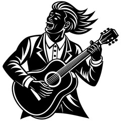 musician with guitar, black guitar silhouette vector illustration,icon,svg,acoustic guitar characters,Holiday t shirt,Hand drawn trendy Vector illustration,music instrument on black background