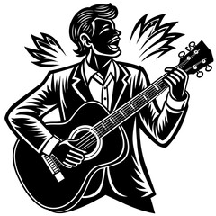 musician with guitar, black guitar silhouette vector illustration,icon,svg,acoustic guitar characters,Holiday t shirt,Hand drawn trendy Vector illustration,music instrument on black background