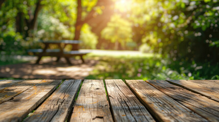 Empty Wooden Table with Garden Background