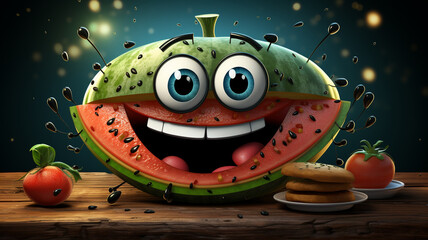 A quirky logo icon of a grinning watermelon on a picnic table with ants and food background.