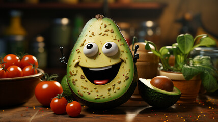 A quirky logo icon of a winking avocado on a kitchen counter with vegetables and utensils...