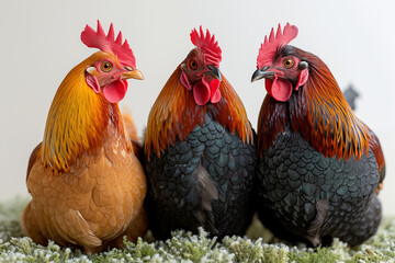 portrait of three mature roosters with smooth feathers, isolated background