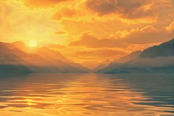 Draagtas mountain landscape golden clouds mist scenic lake serene background sunset scenic panorama © SachiDesigns