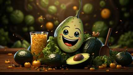 A quirky logo icon of a winking avocado on a kitchen counter with vegetables and utensils...