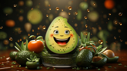 A quirky logo icon of a winking avocado on a kitchen counter with vegetables and utensils background. - obrazy, fototapety, plakaty