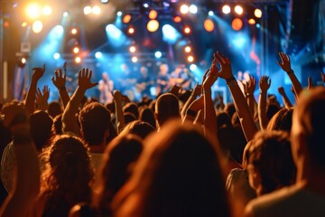 A bustling crowd at an outdoor concert, hands raised, faces lit by colorful stage lights, and the...